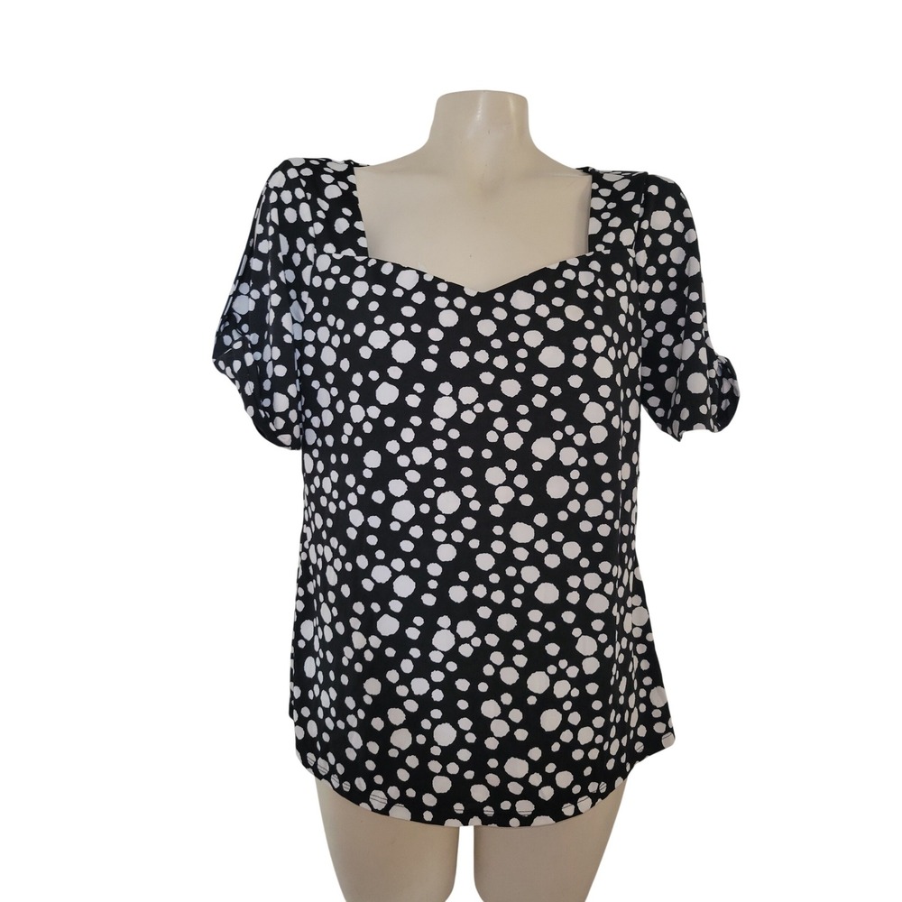 Perception Concept Black White Polka Dot Cold Shoulder Knot Sleeve Top L pinup
